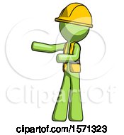 Green Construction Worker Contractor Man Presenting Something To His Right
