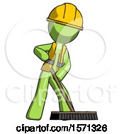 Poster, Art Print Of Green Construction Worker Contractor Man Cleaning Services Janitor Sweeping Floor With Push Broom