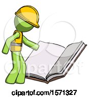 Green Construction Worker Contractor Man Reading Big Book While Standing Beside It