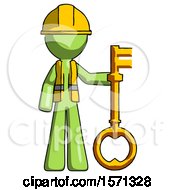 Green Construction Worker Contractor Man Holding Key Made Of Gold