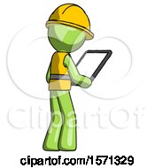 Poster, Art Print Of Green Construction Worker Contractor Man Looking At Tablet Device Computer Facing Away