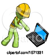 Green Construction Worker Contractor Man Throwing Laptop Computer In Frustration