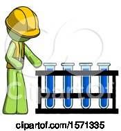Poster, Art Print Of Green Construction Worker Contractor Man Using Test Tubes Or Vials On Rack