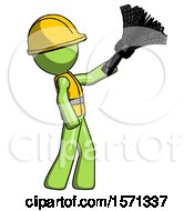Poster, Art Print Of Green Construction Worker Contractor Man Dusting With Feather Duster Upwards