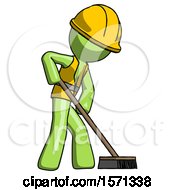 Poster, Art Print Of Green Construction Worker Contractor Man Cleaning Services Janitor Sweeping Side View