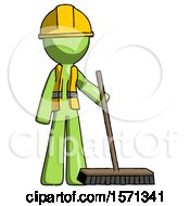 Green Construction Worker Contractor Man Standing With Industrial Broom