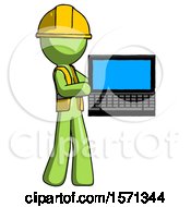 Green Construction Worker Contractor Man Holding Laptop Computer Presenting Something On Screen