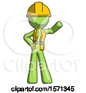 Poster, Art Print Of Green Construction Worker Contractor Man Waving Left Arm With Hand On Hip