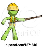 Green Construction Worker Contractor Man Bo Staff Pointing Right Kung Fu Pose