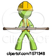 Poster, Art Print Of Green Construction Worker Contractor Man Bo Staff Kung Fu Defense Pose