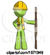 Green Construction Worker Contractor Man Holding Staff Or Bo Staff
