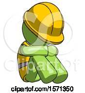 Green Construction Worker Contractor Man Sitting With Head Down Facing Angle Right