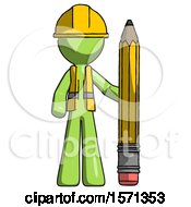 Poster, Art Print Of Green Construction Worker Contractor Man With Large Pencil Standing Ready To Write