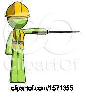 Green Construction Worker Contractor Man Standing With Ninja Sword Katana Pointing Right