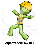 Poster, Art Print Of Green Construction Worker Contractor Man Running Away In Hysterical Panic Direction Left