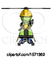 Green Construction Worker Contractor Man Flying In Gyrocopter Front View