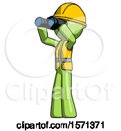 Green Construction Worker Contractor Man Looking Through Binoculars To The Left