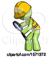 Poster, Art Print Of Green Construction Worker Contractor Man Inspecting With Large Magnifying Glass Left