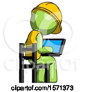 Poster, Art Print Of Green Construction Worker Contractor Man Using Laptop Computer While Sitting In Chair View From Back