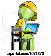 Green Construction Worker Contractor Man Using Laptop Computer While Sitting In Chair View From Back