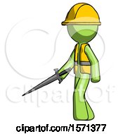 Poster, Art Print Of Green Construction Worker Contractor Man With Sword Walking Confidently