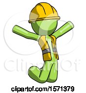 Green Construction Worker Contractor Man Jumping Or Kneeling With Gladness
