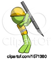 Poster, Art Print Of Green Construction Worker Contractor Man Stabbing Or Cutting With Scalpel