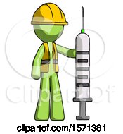 Green Construction Worker Contractor Man Holding Large Syringe