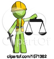 Poster, Art Print Of Green Construction Worker Contractor Man Justice Concept With Scales And Sword Justicia Derived