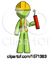 Poster, Art Print Of Green Construction Worker Contractor Man Holding Dynamite With Fuse Lit