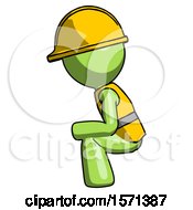 Green Construction Worker Contractor Man Squatting Facing Left