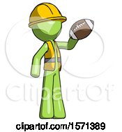 Poster, Art Print Of Green Construction Worker Contractor Man Holding Football Up