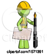 Poster, Art Print Of Green Construction Worker Contractor Man Holding Large Envelope And Calligraphy Pen