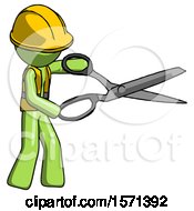 Poster, Art Print Of Green Construction Worker Contractor Man Holding Giant Scissors Cutting Out Something