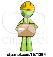 Green Construction Worker Contractor Man Holding Box Sent Or Arriving In Mail