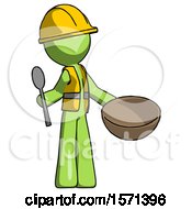 Green Construction Worker Contractor Man With Empty Bowl And Spoon Ready To Make Something