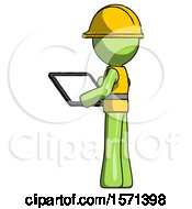 Poster, Art Print Of Green Construction Worker Contractor Man Looking At Tablet Device Computer With Back To Viewer