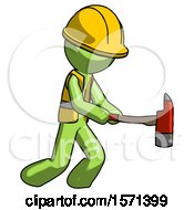 Poster, Art Print Of Green Construction Worker Contractor Man With Ax Hitting Striking Or Chopping