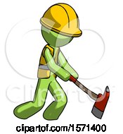 Poster, Art Print Of Green Construction Worker Contractor Man Striking With A Red Firefighters Ax