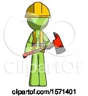 Poster, Art Print Of Green Construction Worker Contractor Man Holding Red Fire Fighters Ax