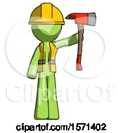 Poster, Art Print Of Green Construction Worker Contractor Man Holding Up Red Firefighters Ax