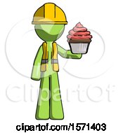 Green Construction Worker Contractor Man Presenting Pink Cupcake To Viewer