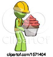 Poster, Art Print Of Green Construction Worker Contractor Man Holding Large Cupcake Ready To Eat Or Serve