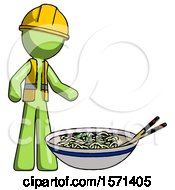 Poster, Art Print Of Green Construction Worker Contractor Man And Noodle Bowl Giant Soup Restaraunt Concept