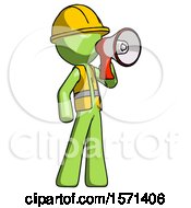 Poster, Art Print Of Green Construction Worker Contractor Man Shouting Into Megaphone Bullhorn Facing Right