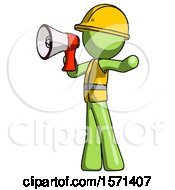 Poster, Art Print Of Green Construction Worker Contractor Man Shouting Into Megaphone Bullhorn Facing Left