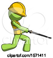 Poster, Art Print Of Green Construction Worker Contractor Man With Ninja Sword Katana Slicing Or Striking Something
