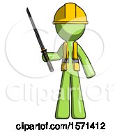 Poster, Art Print Of Green Construction Worker Contractor Man Standing Up With Ninja Sword Katana