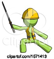 Green Construction Worker Contractor Man With Ninja Sword Katana In Defense Pose