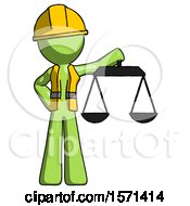 Poster, Art Print Of Green Construction Worker Contractor Man Holding Scales Of Justice